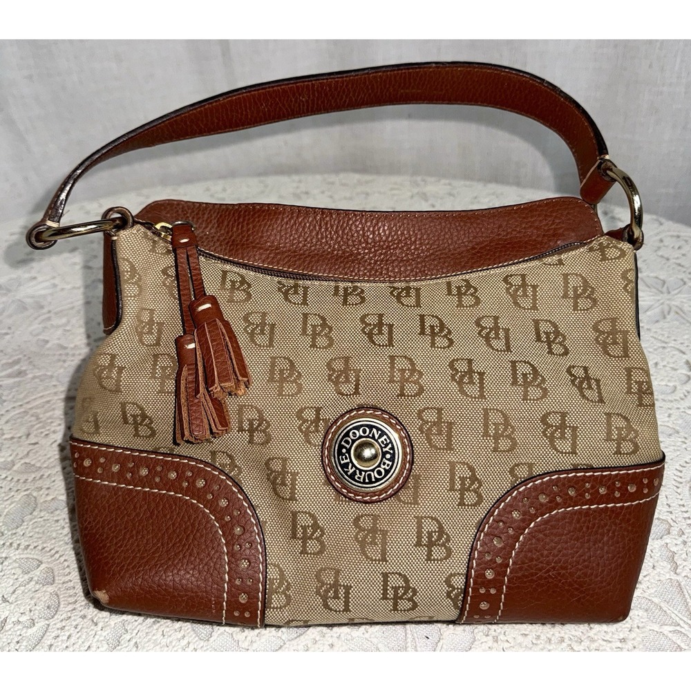Vtg DOONEY & BOURKE Saddle Hobo Signature Brown Leather Canvas Purse Handbag Y2K